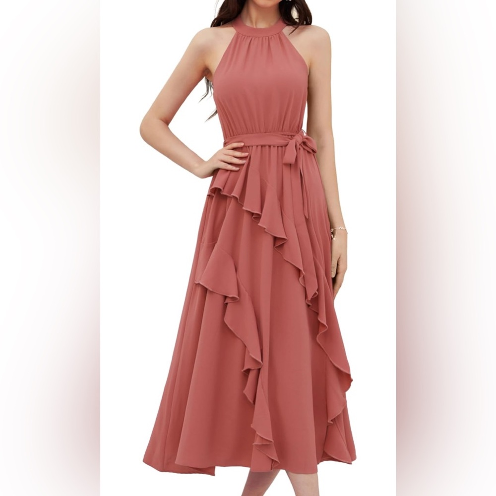 Elegant Halter Neck Ruffle Dress in Pink